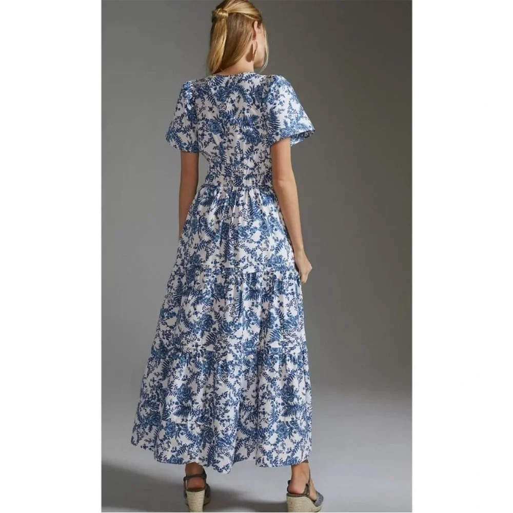 Anthropologie Somerset Maxi Ivory Blue Floral Tiered Cotton Summer Dress S - Picture 3 of 9